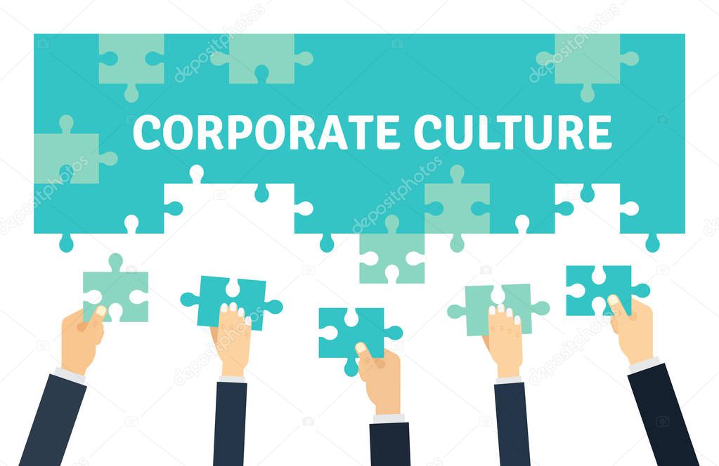 Employees holding and connecting puzzle pieces together. Corporate Culture and Teamwork Vector illustration n flat style.