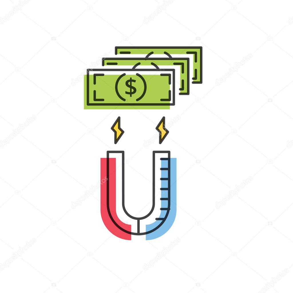 Investments and profits concept. Vector line icon. Magnet attracts money.