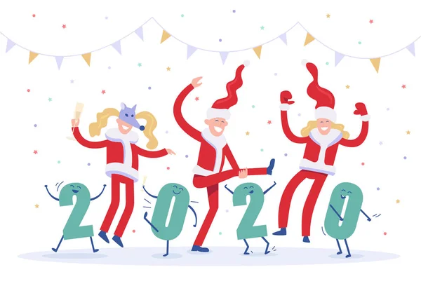 Fête d'entreprise du Nouvel An 2020. Des ivrognes heureux et des personnages drôles dansant et batifolant à la fête. Concept plat vectoriel . Vecteur En Vente