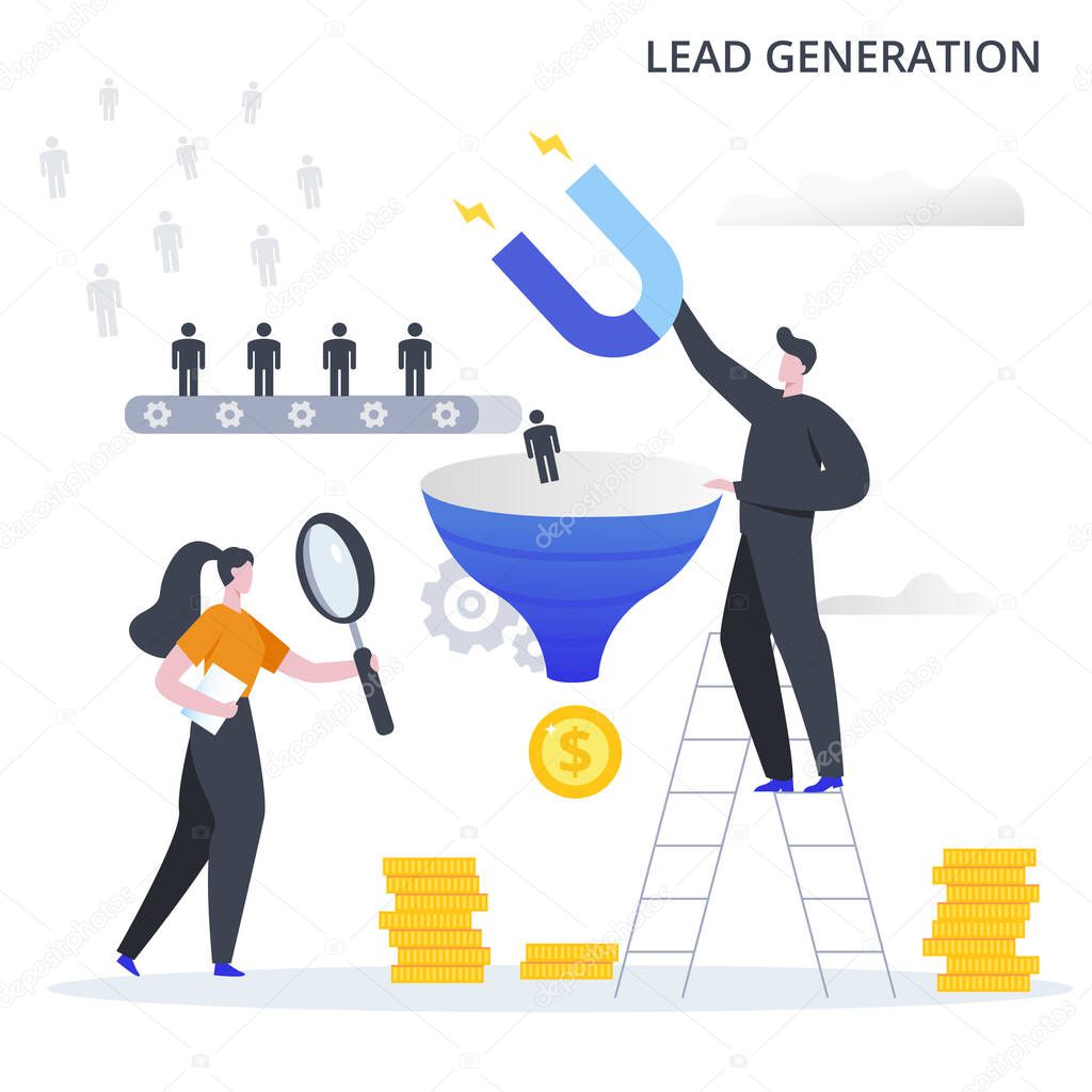 Lead Generation business process. The process of attracting potential customers to the sales funnel and profit from conversion. Flat vector illustration.