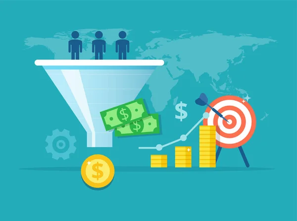 Purchase funnel flat vector illustration. The process of communication and attracting new customers and making a profit business concept. Sales automation tool. — Stok Vektör