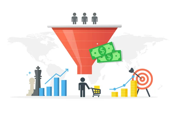 Generación de nuevos clientes y crecimiento de ventas concepto de vector plano. Embudo de compra y generación de leads en marketing digital . — Vector de stock