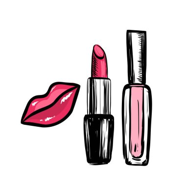 El yapımı vektör dudaklar, ruj ve dudak parlatıcısı. Beyaz arkaplanda nesneyi yapılandır.