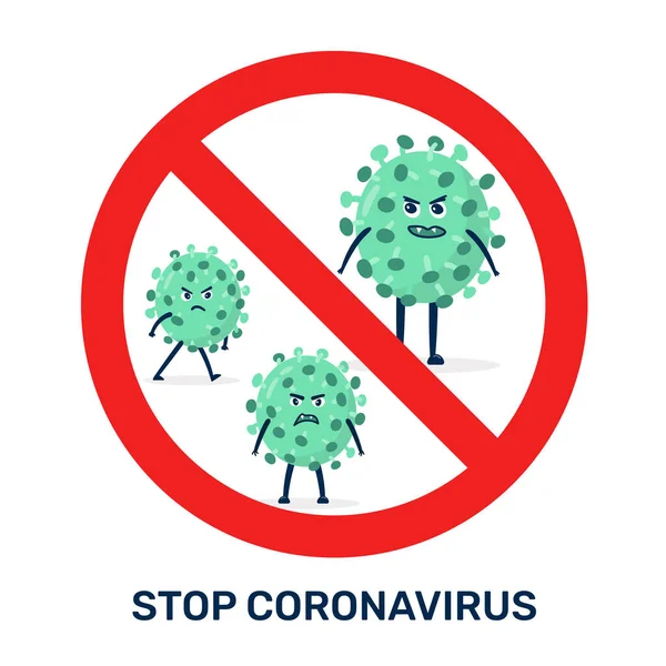 Знак красной остановки коронавируса - символ вектора бактерий COVID-19. Абстрактная модель штамма вируса. Гневный мультяшный персонаж 2019-nCoV — стоковый вектор