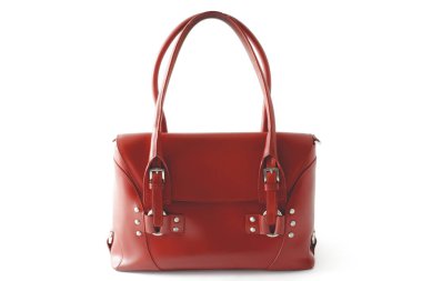 Beyaz arka plan üzerinde izole kırmızı parlak kadın deri çanta