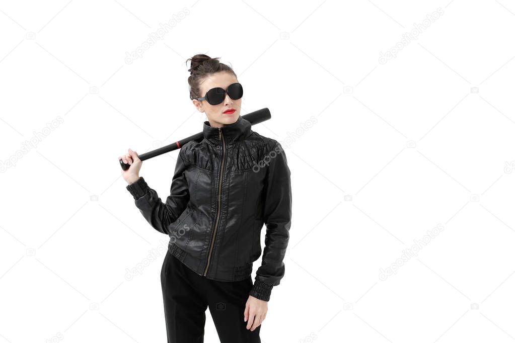 Portrait of an angry woman with a bat, isolated on white background. Serious and strict debt collector