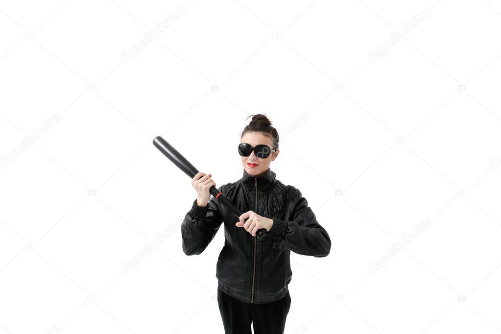 Portrait of an angry woman with a bat, isolated on white background. Serious and strict debt collector