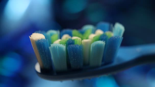 Tooth brushon a background of an abstract blue bokeh — Stock Video