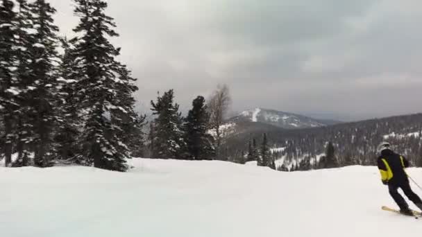 Професійні лижні лижі в сонячний зимовий день — стокове відео