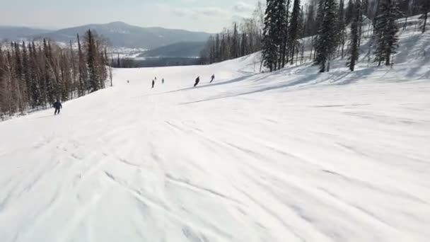 Mladý dospělý rekreační lyžař má v chladné zimě idylické dokonalé počasí. Lyžování na perfektně upravené sjezdovce v lyžařském středisku — Stock video