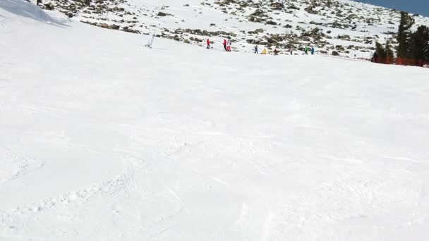 Junge erwachsene Freizeitskifahrer genießen idyllisches Perfekt-Wetter im kalten Winter — Stockvideo