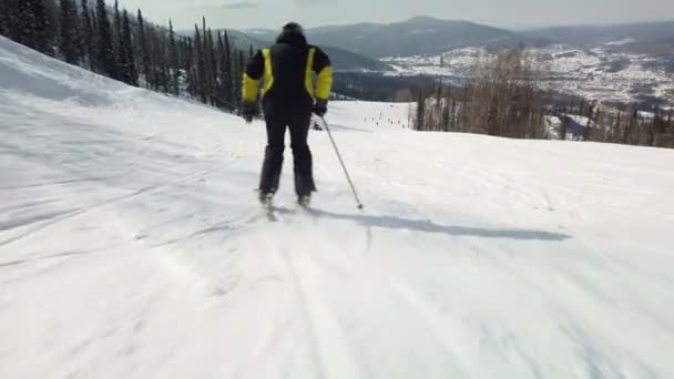 Genç yetişkin kayakçı soğuk kış mevsiminde mükemmel havanın tadını çıkarıyor. — Stok video