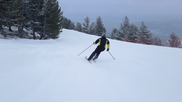 Mutlu kayakçı karlı dağlarda güneşli bir kış gününde taşrada kayak yaparken eğleniyor. Sıradışı serbest kayakçı, dağ kayak merkezinde kar temizliği yapıyor. — Stok video