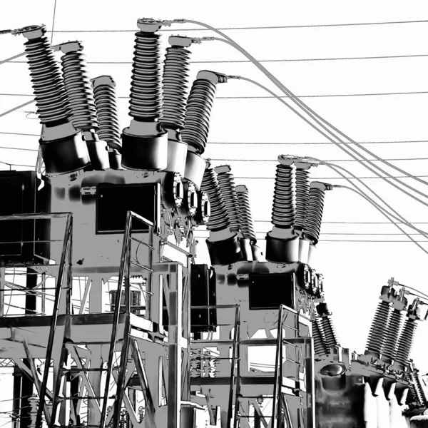 High voltage electric power. Structure power station in high contrast — Stock Photo, Image