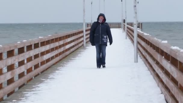 Woman Walking Winter Promenade Terrible Cold Russia — Stock Video