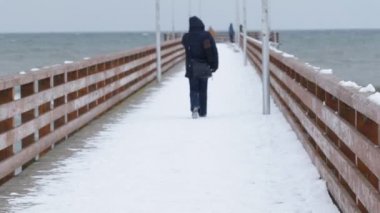 Bir kadın korkunç soğuk, Rusya kış sahil boyunca yürüyüş