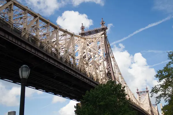 Queensboro bridge, träd och ljus stång med grumlig blå himmel, New York — Stockfoto