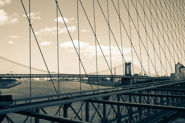 Manhattan bridge over the river from Brooklyn bridge's view in vintage style, New York
