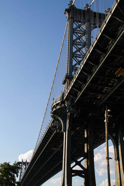 Manhattan bridge and blue sky, Brooklyn bridge park, New York