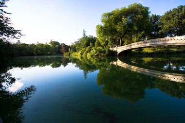 Sabah ışığında Central Park 'ta göl üzerinde yay Köprüsü yansıtılır
