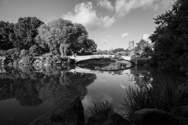 Yay Köprüsü ve büyük ağaçlar gölde Central Park'ta bulutlu gökyüzü siyah beyaz tarzı ile yansıtmak