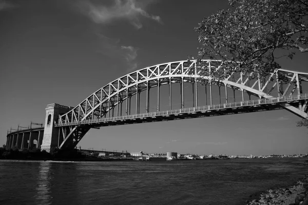 Мост Хелл-Гейт через реку и ветви в черно-белом стиле, Нью-Йорк — стоковое фото