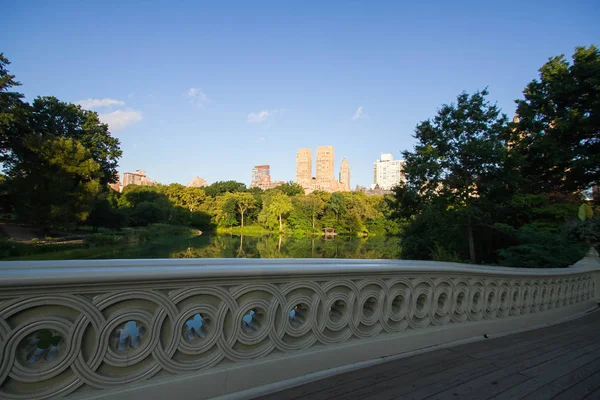 Une partie du pont Bow à l'ombre de Central Park et des bâtiments à Manhattan — Photo