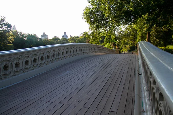 Wooden pathway of Bow bridge and trees at Central Park — Stock Photo, Image