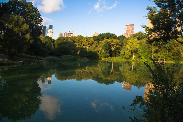 Buildings in Manhattan and trees reflect on the lake at Central Park