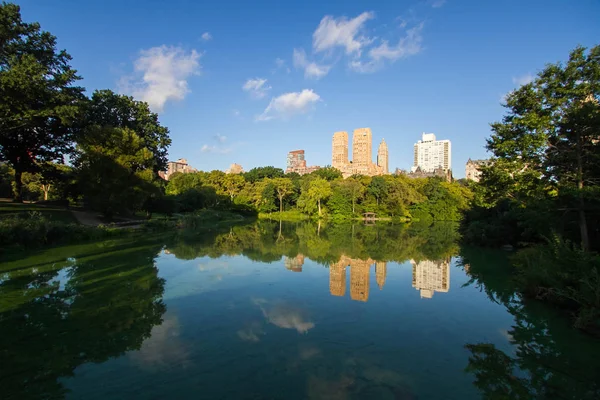 Gebouwen in Manhattan en bomen denken over het duidelijk meer in Central Park — Stockfoto