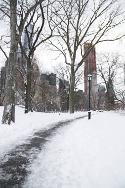 Central Park ve Manhattan binalarda, karda yürüme yolu