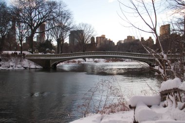 Kar ile göl üzerinde Bow Köprüsü, Central Park