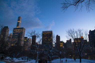 Manhattan binalarda ağaçlar ve kar akşam gökyüzünde Central Park'ta arkasında gelen ışık