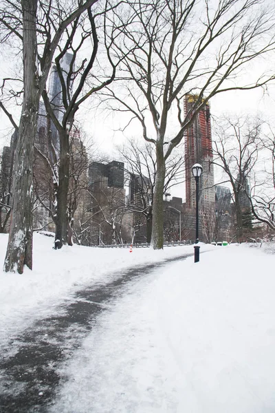 Paseo sobre nieve en Central Park y edificios en Manhattan — Foto de Stock