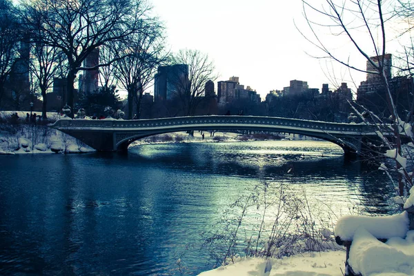 Bow brug over het meer met sneeuw in Central Park in vintage stijl, New York — Stockfoto