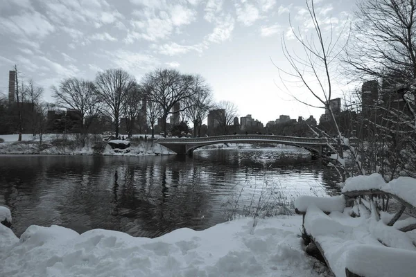 Bow brug over het meer, met sneeuw en bewolkte hemel in vintage stijl, Central Park — Stockfoto