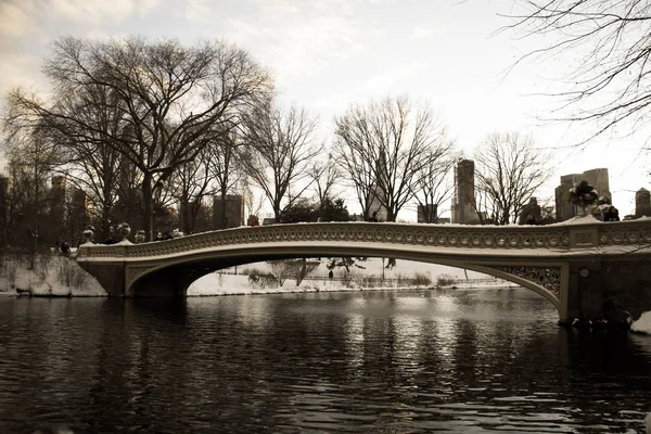 Bow bridge over the lake with snow in vintage style, New York — Stock Photo, Image