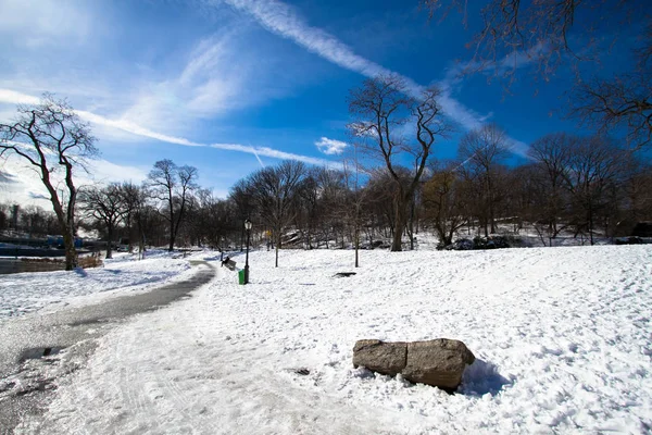 Roca en la nieve y pasarela de hormigón en el parque con cielo azul — Foto de Stock