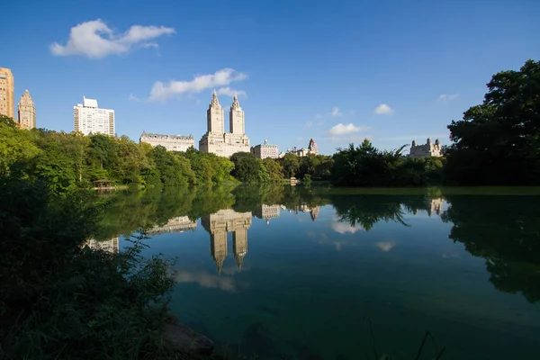 Gebouwen van Manhattan en bomen denken over water in Central Park met blauwe lucht in de zomer — Stockfoto