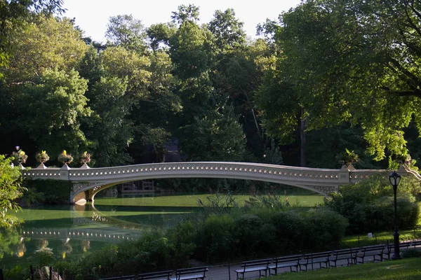 Bow bridge around with trees and park benches at Central Park in summer — Stock Photo, Image