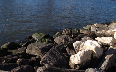 Kıyı ve mavi nehir güneş ışığı altında buzlu