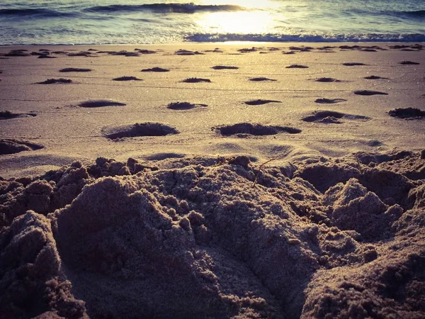 Sand and the footsteps on the beach in vintage style