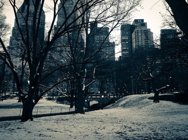 Snow on the ground and buildings behind Central Park in vintage style, New York