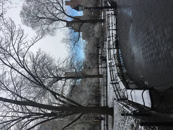 Banco de parque y nieve en Washington Square Park —  Fotos de Stock