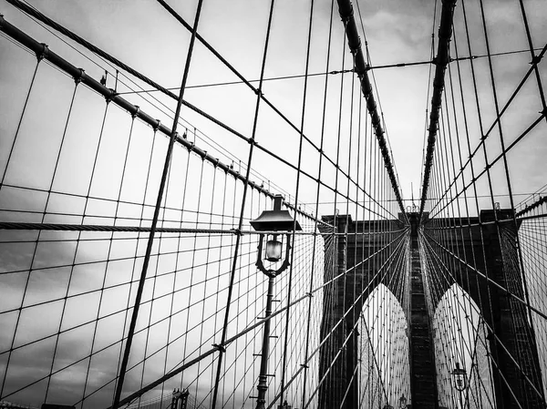 Brooklyn-Brücke und Kabel mit Lichtmast in schwarz-weiß — Stockfoto