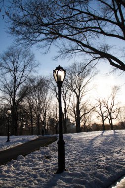 Kar ve geçit günbatımı gökyüzü, Central Park, New York ile elektrik direğine