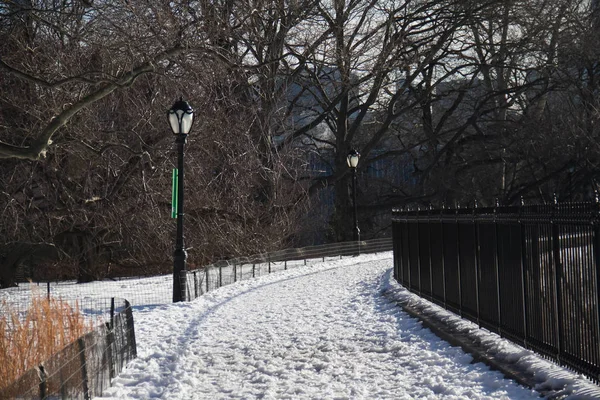 Snö på gångväg i kurva med lyktstolpe och staket i park — Stockfoto