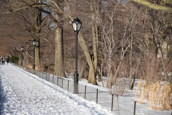 Nieve en pasarela y poste de luz en el parque — Foto de Stock