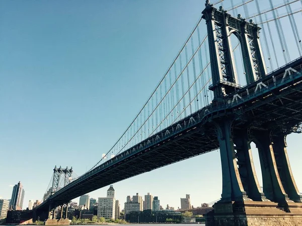 Manhattan Bridge Och Byggnader Brooklyn Svimmade Vintagestil — Stockfoto