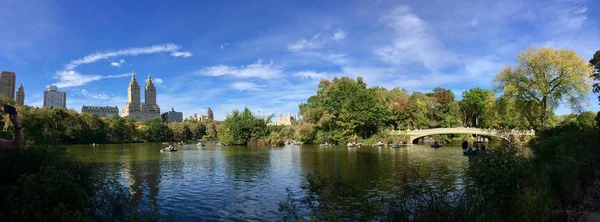 Lake Bow Brug Central Park Vroege Herfst Panoramisch Uitzicht — Stockfoto